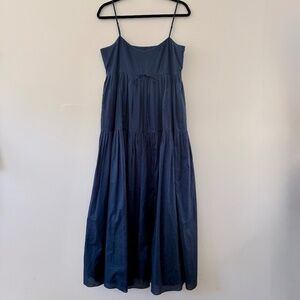 NWOT DKNY Cotton Poplin Navy Strappy Sundress Tiered Lined Tie Cinch Front Midi